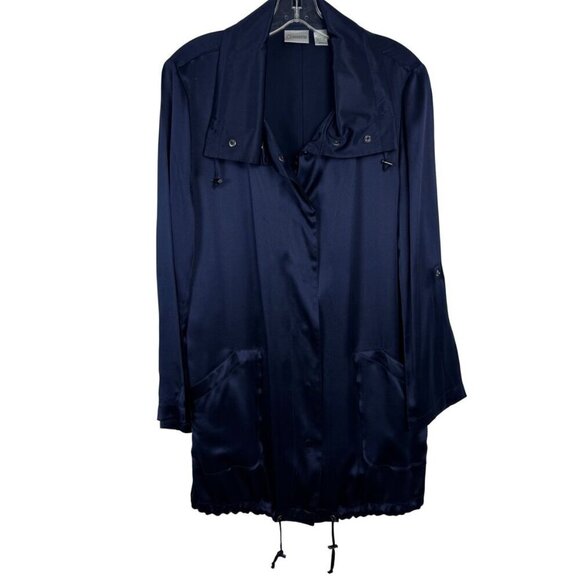 Chico's 100% Silk Navy Blue Satin Jacket Snaps Roll Tab Sleeve Chico's 1(US M/8) - Picture 1 of 11